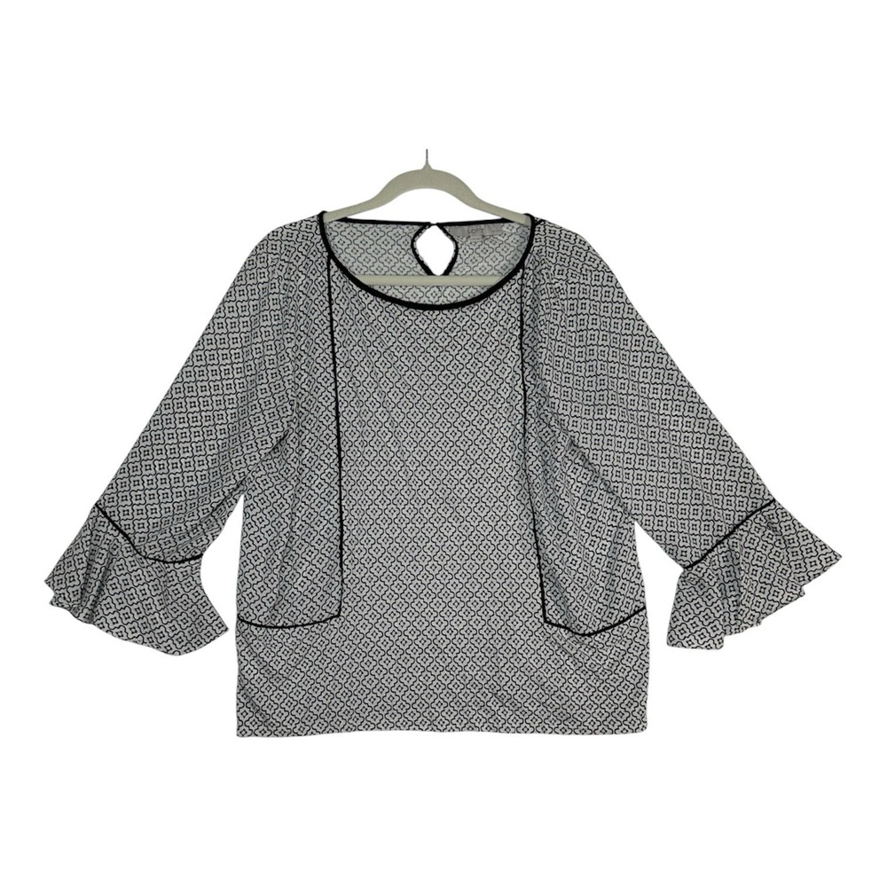 LOFT Blouse Womens LP Large Petite Black White Geometric Bell Sleeve Piping Mod